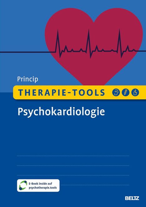 "Princip", "THERAPIE-TOOLS", "Psychokardiologie" stehen auf blauem Hintergrund mit Herz und EKG-Linie.