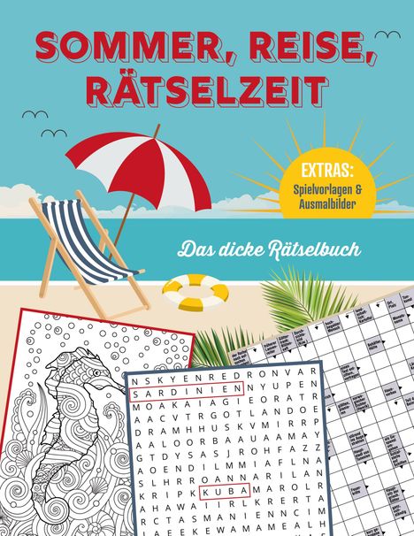 „Sommer, Reise, Rätselzeit“. Extras: Spielvorlagen & Ausmalbilder. Illustration: Strand mit Liegestuhl, Sonnenschirm.