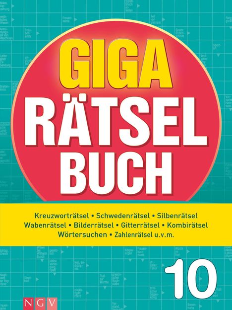 "10 Giga Rätsel Buch" in großem Schriftzug. Themen: Kreuzworträtsel, Schwedenrätsel, etc. Hintergrund in Blau.