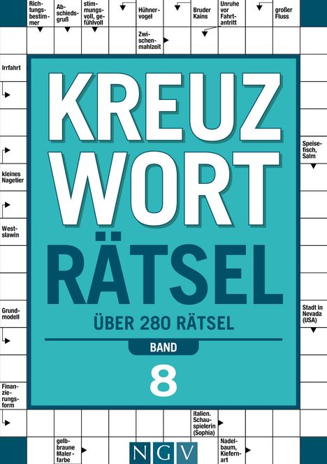 Titel: "Kreuzworträtsel", "Über 280 Rätsel", "Band 8". Ein Kreuzworträtsel mit Fragen.