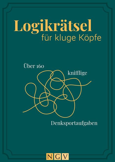 "Logikrätsel für kluge Köpfe. Über 160 knifflige Denksportaufgaben." Illustration mit gelber Spirale auf grünem Hintergrund.