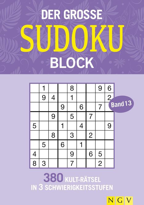 "Der große Sudoku Block", Band 13. 380 Kult-Rätsel in 3 Schwierigkeitsstufen. Sudoku-Gitter mit Zahlen, violetter Hintergrund.