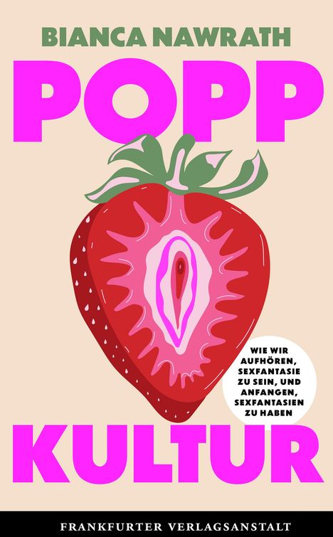 "BIANCA NAWRATH POPP KULTUR," Illustration einer Erdbeere mit stilisierten Details, kräftige Farben.