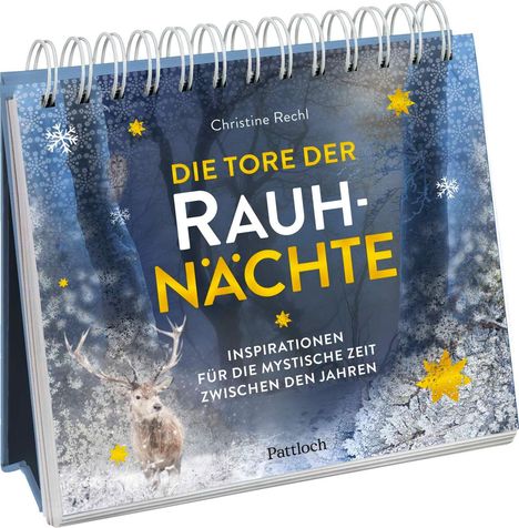 Ein Kalender zeigt einen Hirsch im Wald mit Schneeflocken. Titel: "Die Tore der Rauhnächte".