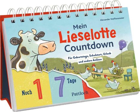 „Mein Lieselotte Countdown“ in großen Buchstaben. Illustration mit einer Kuh und spielenden Hühnern, Zahlen 1 und 7.