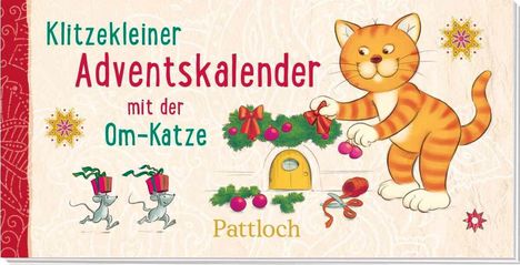 "Klitzekleiner Adventskalender mit der Om-Katze". Illustration einer Katze, Maus und Tür mit Weihnachtsschmuck.