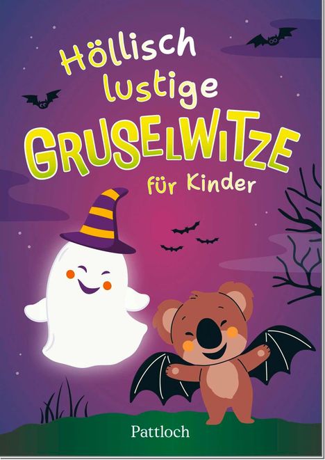 „Höllisch lustige Gruselwitze für Kinder“. Illustration: Fröhliches Gespenst und Koala mit Fledermausflügeln vor lila Hintergrund.
