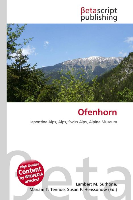 „Ofenhorn“ steht in roter Schrift. Hintergrund: Alpenlandschaft mit schneebedeckten Bergen und grünen Bäumen.