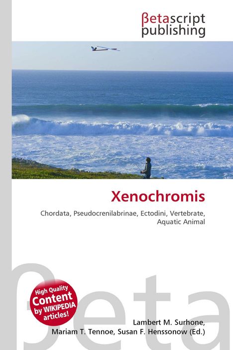 "Xenochromis: Chordata, Pseudocrenilabrinae, Ectodini, Vertebrate, Aquatic Animal" darüber ein Küstenbild mit fliegendem Vogel.