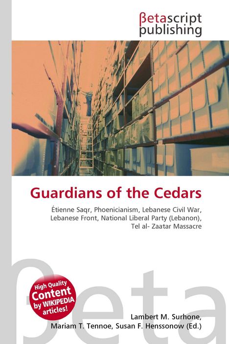 „Guardians of the Cedars“, Betascript Publishing, hohe Regale mit Ordnern; ein Mensch steht auf einer Leiter.
