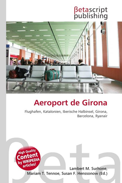 "Aeroport de Girona", darunter Begriffe wie "Flughafen" und "Katalonien". Wartesaal mit leeren Sitzreihen und Gepäck.
