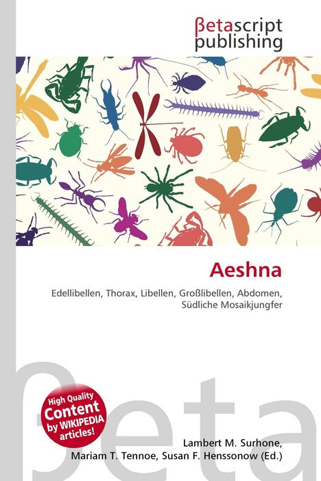 "Aeshna, Edellibellen, Thorax, Libellen, Großlibellen, Abdomen, Südliche Mosaikjungfer." Bunte Insektenillustrationen oben.