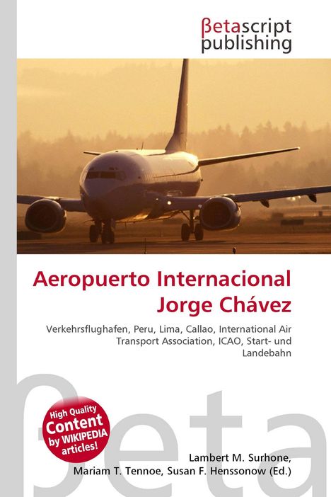 "Aeropuerto Internacional Jorge Chávez", Flugzeug auf Landebahn bei Sonnenuntergang, Betascript Publishing Logo.