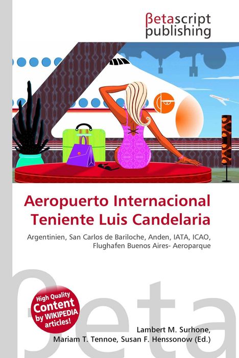 "Aeropuerto Internacional Teniente Luis Candelaria" steht zentral. Eine stilisierte Illustration zeigt eine Frau vor einem Flugzeug.