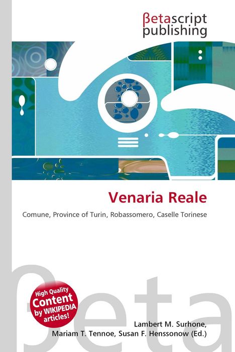 "Venaria Reale, Comune, Province of Turin, Robassomero, Caselle Torinese" steht in Rot auf Weiß. Oben abstrakte blaue Formen.