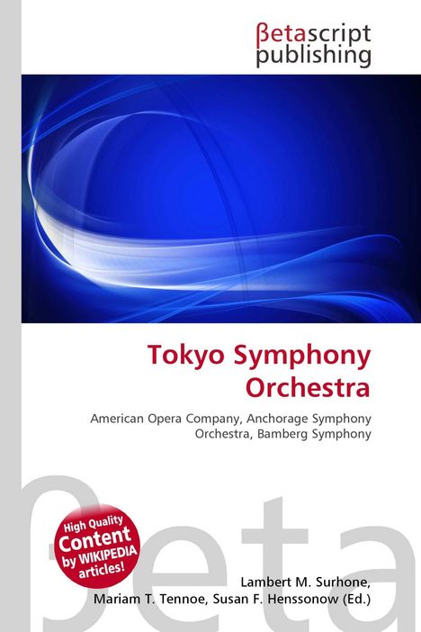 "Tokyo Symphony Orchestra" in roter Schrift, darunter weitere Orchester; blauer Hintergrund, Logo "Betascript Publishing".