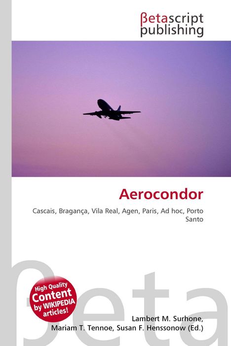 "Betascript publishing", "Aerocondor", Städte: "Cascais", "Bragança", "Vila Real", etc. Flugzeug vor violettem Himmel.