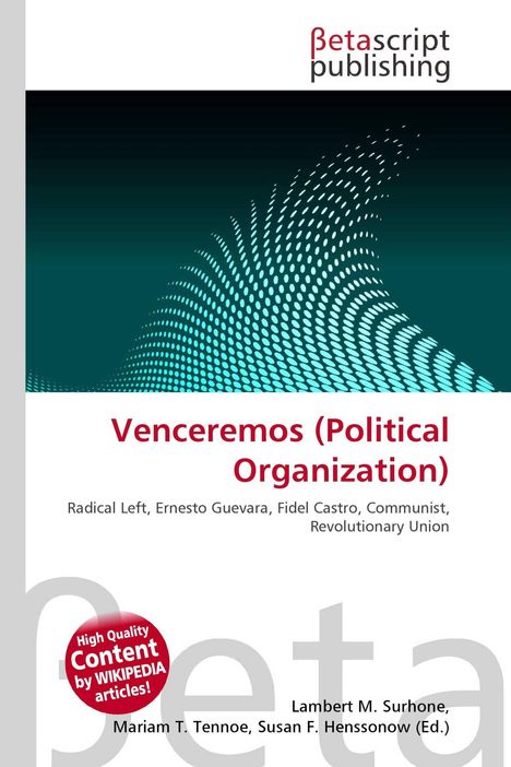 "Venceremos (Political Organization)" in Rot. Dynamische, kreisförmige Muster in türkis-blau auf dunklem Hintergrund.