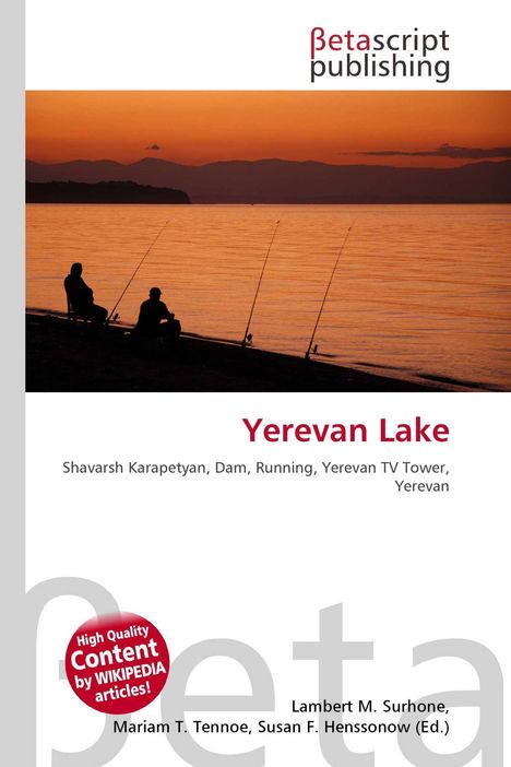 Betascript Publishing. Yerevan Lake. Silhouette von zwei Anglern bei Sonnenuntergang an einem See.