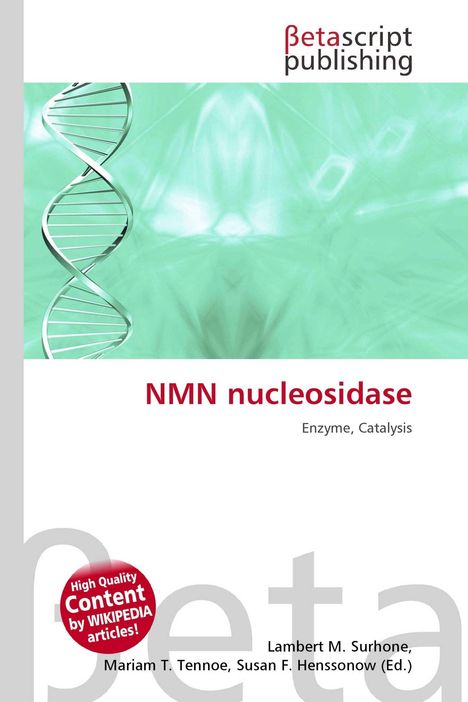 Text "NMN nucleosidase" in Rot, darunter "Enzyme, Catalysis". Links DNA-Helix vor grünem Hintergrund, oben Logo.