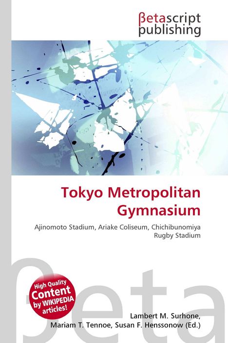 Text: "Betascript Publishing. Tokyo Metropolitan Gymnasium. Ajinomoto Stadium, Ariake Coliseum, Chichibunomiya Rugby Stadium."  
Logo: Stilisiertes Symbol mit blauen und grünen Farbklecksen.