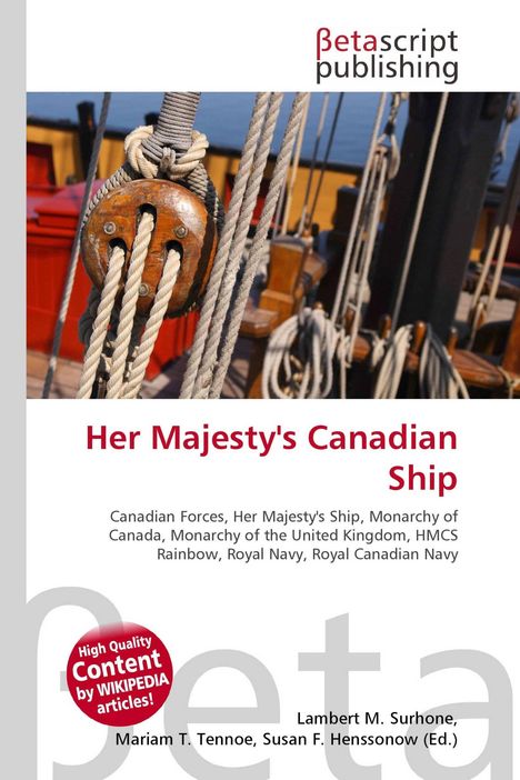 "Her Majesty's Canadian Ship" mit maritimen Seilen und einem Holzblock im Hintergrund. Oben Betascript Publishing Logo.