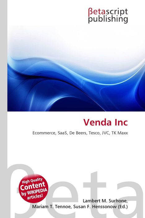 Logo von Betascript Publishing. "Venda Inc" in Rot. Begriffe: Ecommerce, SaaS, De Beers, Tesco, JVC, TK Maxx. Abstraktes Blau-Weiß-Muster.