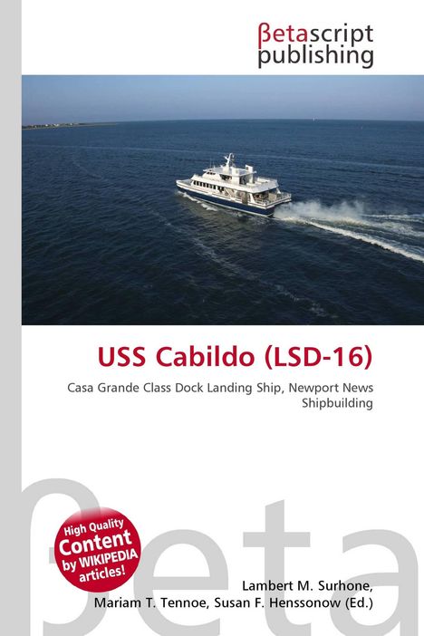 "USS Cabildo (LSD-16)" steht in rotem Text, darunter: "Casa Grande Class Dock Landing Ship, Newport News Shipbuilding." Ein Schiff auf offenem Meer.