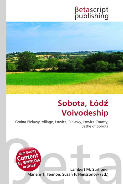 "Betascript Publishing. Sobota, Łódź Voivodeship. Landschaft mit grünem Feld und Bäumen unter blauem Himmel."