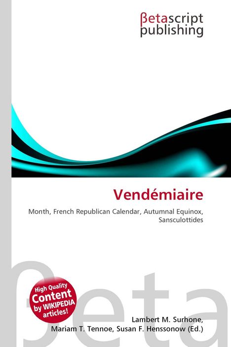 "Vendémiaire" oben, weich geschwungene schwarze und türkise Linien unten, Betascript Publishing Logo oben.