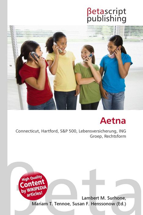 Betascript Publishing, Aetna, Connecticut, Hartford. Vier Kinder telefonieren und lächeln, Hintergrund mit Jalousien.