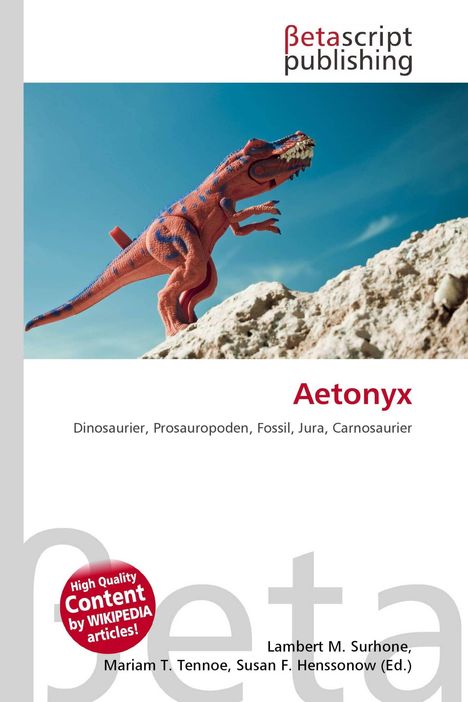"Aetonyx" steht in Rot, darunter Dinosaurier-Verwandtes. Logo: Betascript Publishing. Ein roter Dinosaurier auf einem Felsen.