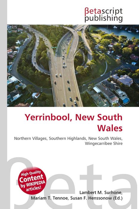 "Yerrinbool, New South Wales" steht prominent in Rot. Eine Luftaufnahme zeigt eine mehrspurige Straße durch eine grüne Landschaft.