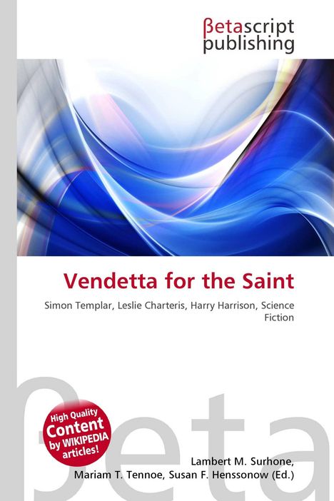 "Vendetta for the Saint" ist in roter Schrift. Ein dynamisches, abstraktes Design aus blauen und weißen Wellen.
