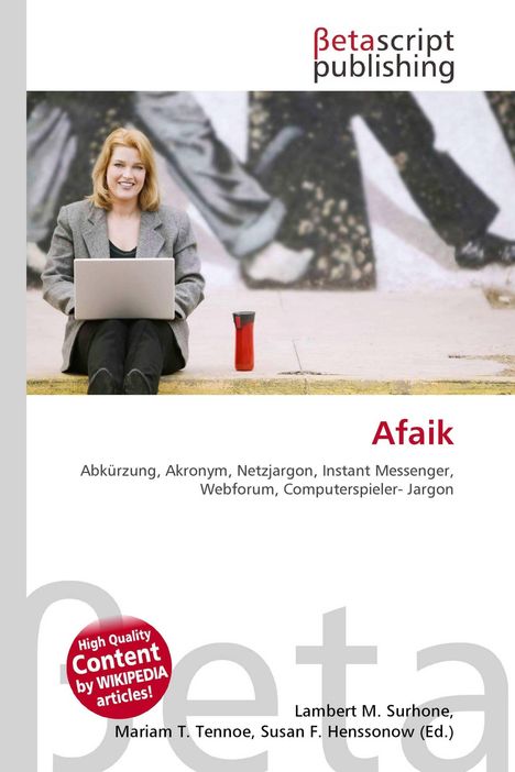Logo: Betascript Publishing. "Afaik" in Rot. Frau mit Laptop, roter Becher neben ihr, im Hintergrund ein verschwommenes Wandbild.