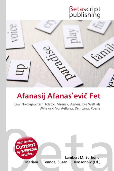 Betascript Publishing. Afanasij Afanas’evič Fet. Verschiedene Wörter auf Kärtchen, darunter "paradise", "family", "voice".