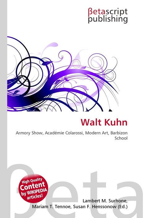 „Walt Kuhn, Armory Show, Académie Colarossi“ steht vor violetten, geschwungenen Linien und einem minimalistischen Design.