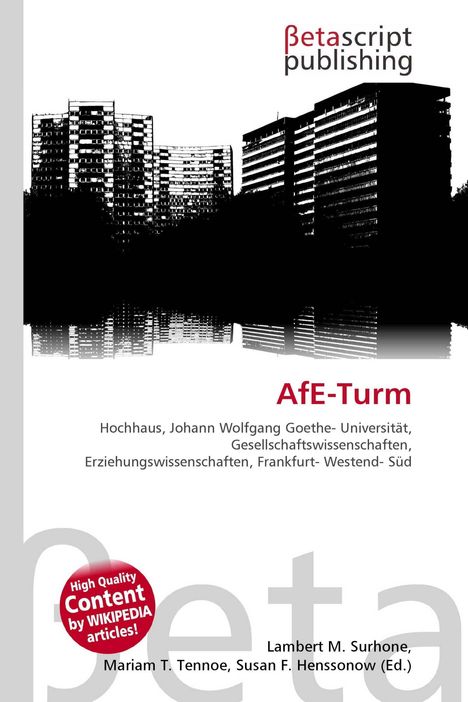 Betascript Publishing. AfE-Turm, Johann Wolfgang Goethe-Universität. Schwarz-weiße Illustration von Hochhaus-Silhouetten.