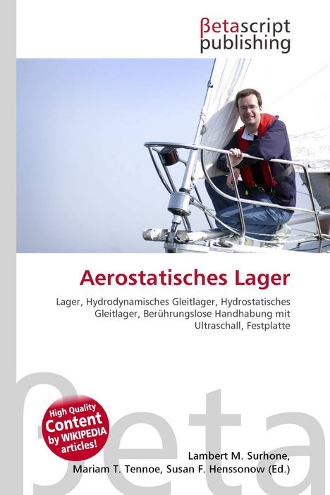 "Aerostatisches Lager" steht in großer roter Schrift, darunter Begriffe wie Gleitlager und Ultraschall. Ein Mann auf einem Segelboot.