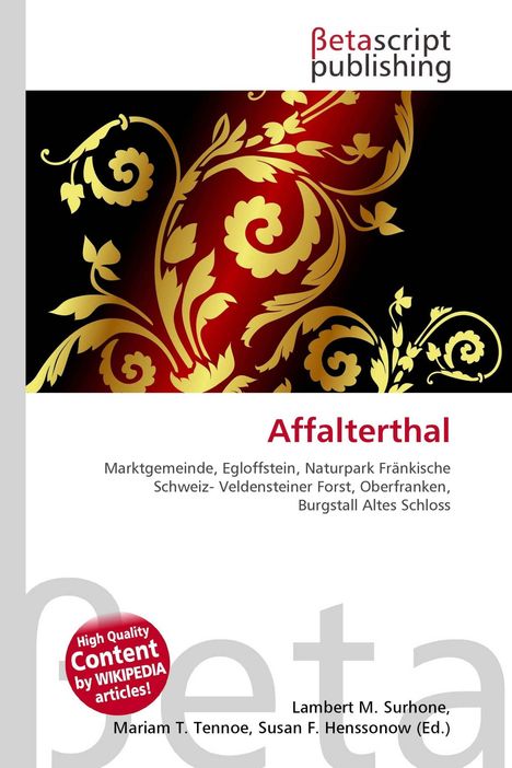 Logo: "Betascript publishing". Text: "Affalterthal, Marktgemeinde, Egloffstein". Goldene florale Elemente auf rotem Hintergrund.