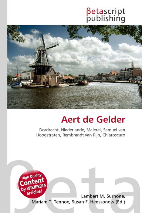 "Betascript Publishing", "Aert de Gelder", Aufschrift mit Windmühle am Fluss, Häuser im Hintergrund, bewölkter Himmel.