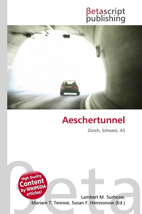 "Aeschertunnel, Zürich, Schweiz, A3." Ein Auto fährt durch einen hell erleuchteten Tunnel. Oben das Betascript-Logo.