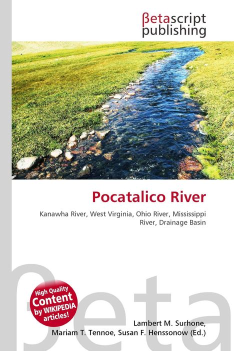 "Pocaltalico River" in Rot, mit Fließtext zu Flüssen. Oberes Drittel: Logo. Darunter: Landschaftsbild eines Baches in Wiese.