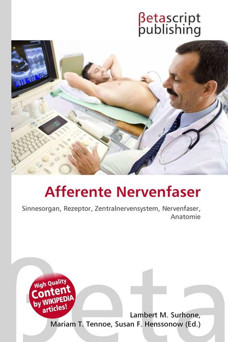 "Afferente Nervenfaser" in roter Schrift, Bild eines Arztes mit Ultraschallgerät und liegendem Patienten.