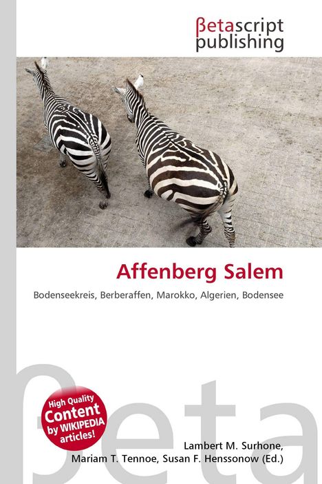 Text: "Affenberg Salem" und darunter "Bodenseekreis, Berberaffen, Marokko, Algerien, Bodensee". Zwei Zebras auf Steinboden.