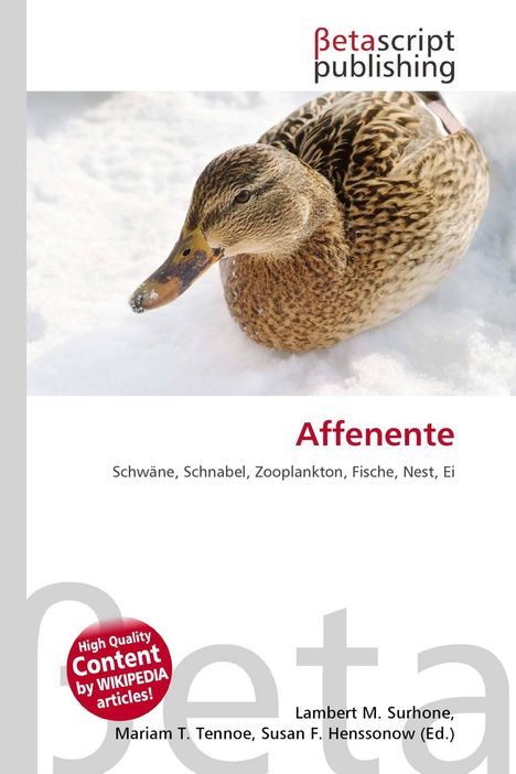 "Affenente", darüber eine Ente im Schnee. Oben "Betascript publishing", roter Kreis mit "High Quality Content by WIKIPEDIA articles!".