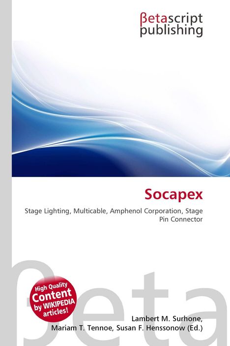 "Socapex" in Rot, darunter: "Stage Lighting, Multicable, Amphenol Corporation, Stage Pin Connector." Abstrakte blaue Wellenform.