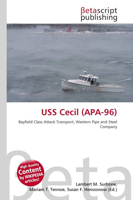 Text: "USS Cecil (APA-96)". Ein Boot im stürmischen Meer, im Hintergrund eine Küste mit einem roten Haus.