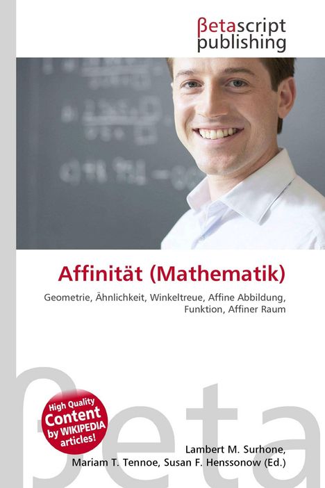 "Affinität (Mathematik)" über einem lächelnden Mann vor einer Tafel. Oben "Betascript publishing" Logo.