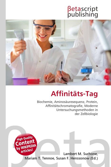 "Affinitäts-Tag. Biochemie, Aminosäuresequenz, Protein. Zwei Personen in Laborkitteln arbeiten im Labor mit Geräten."